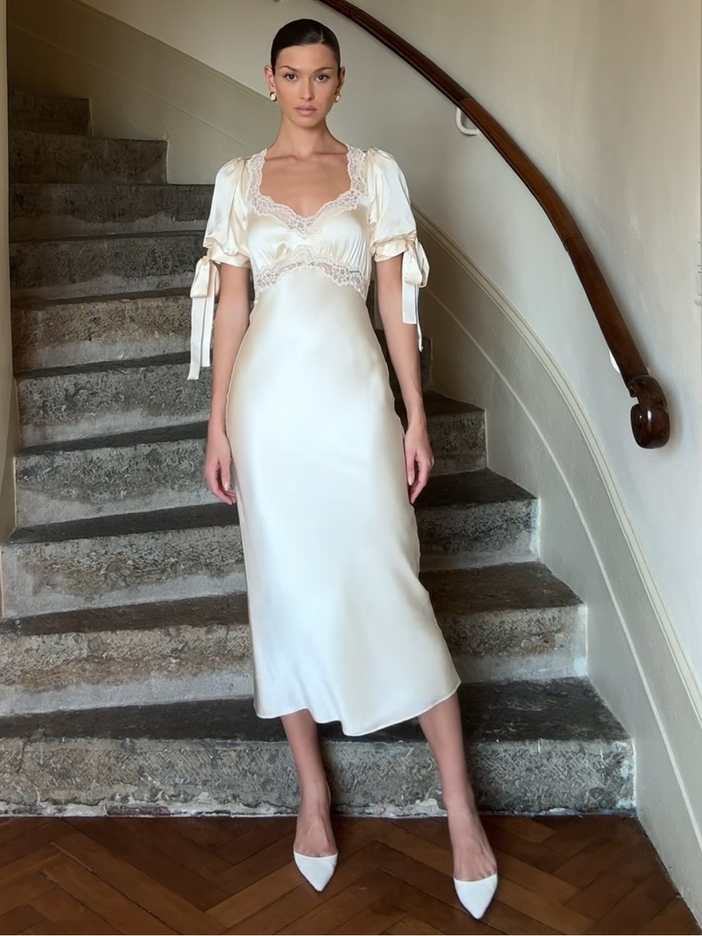 Reformation X Kacey Musgraves Stella Silk Sweetheart Neck Lace Bow Tie Dress 0 - Picture 2 of 13